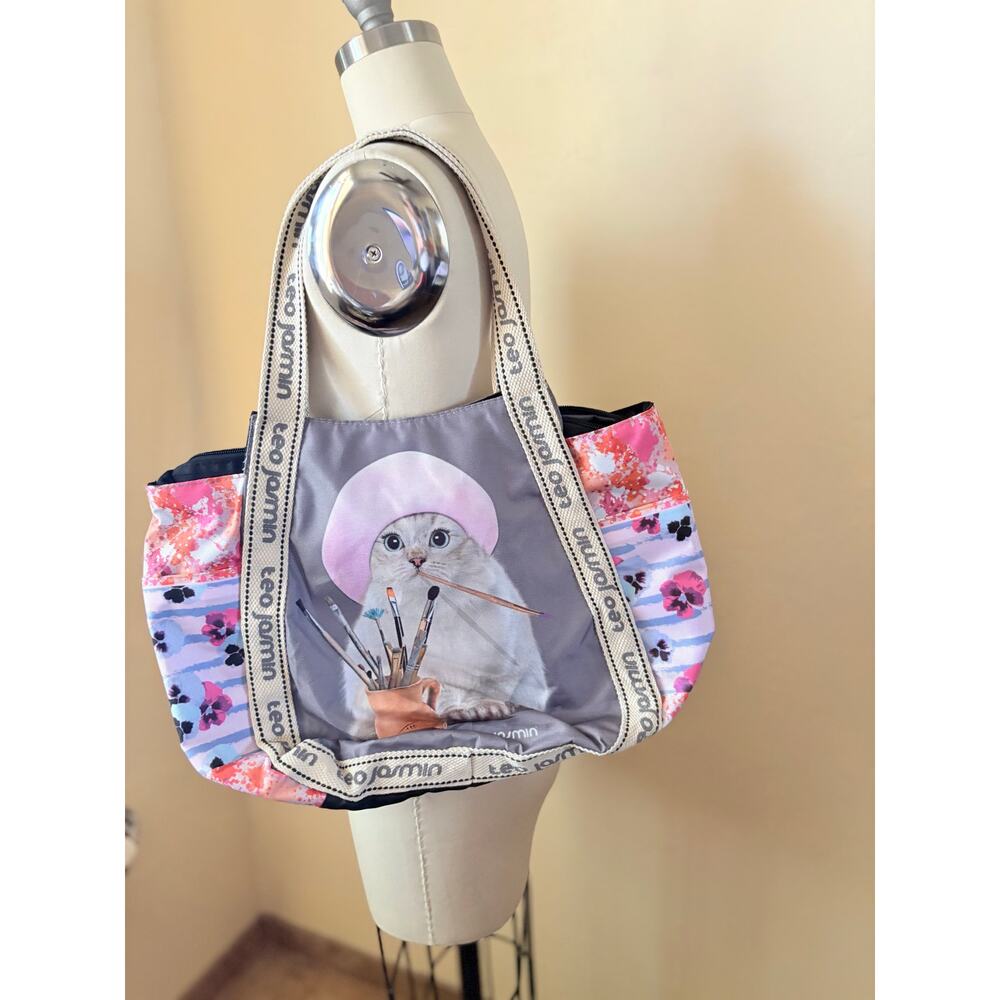 Teo Jasmin Cat Artist Tote Bag Colorful Floral Straps Large Polyester Purse